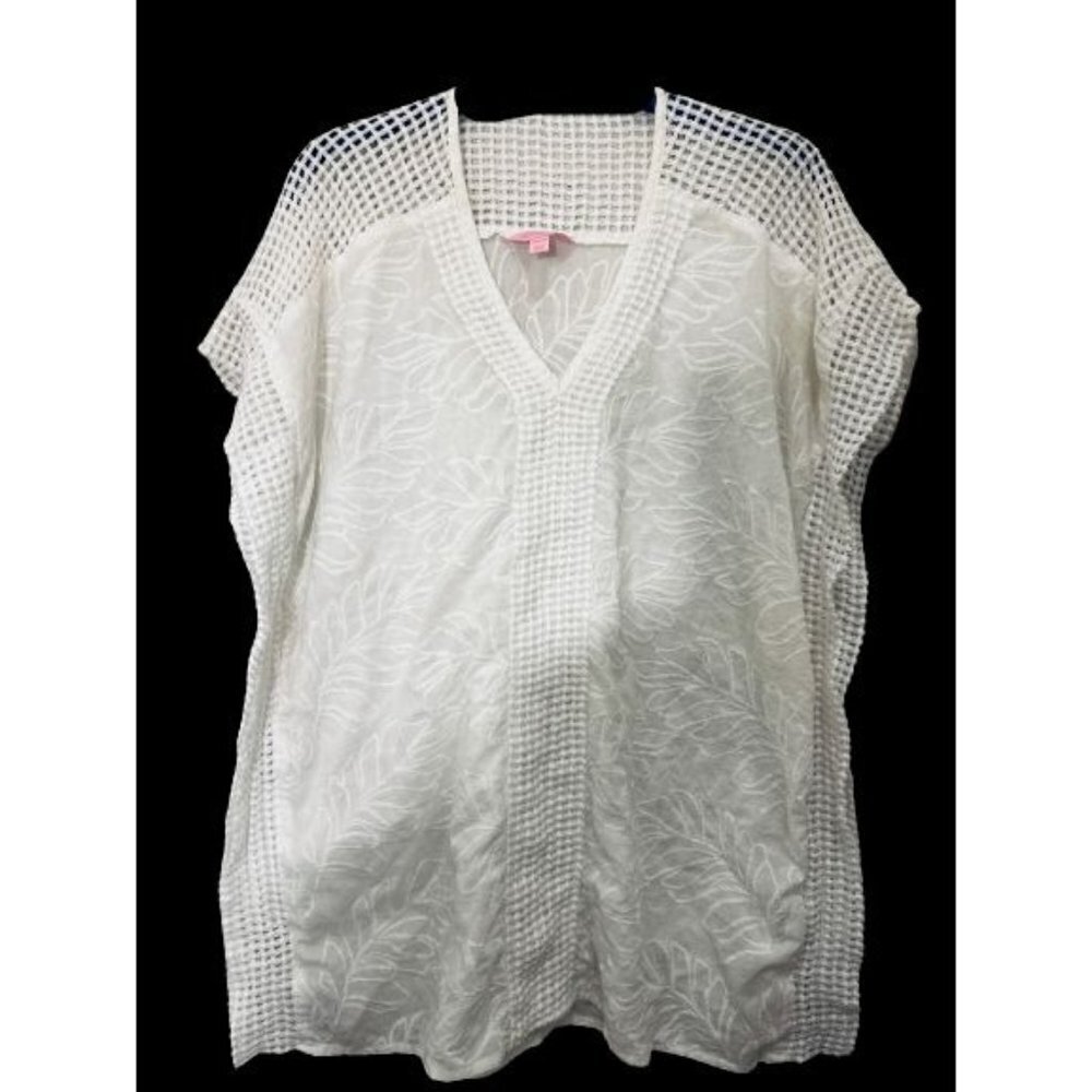 Lilly Pulitzer White Cotton Top Tunic Embroidered V-Neck Size XS